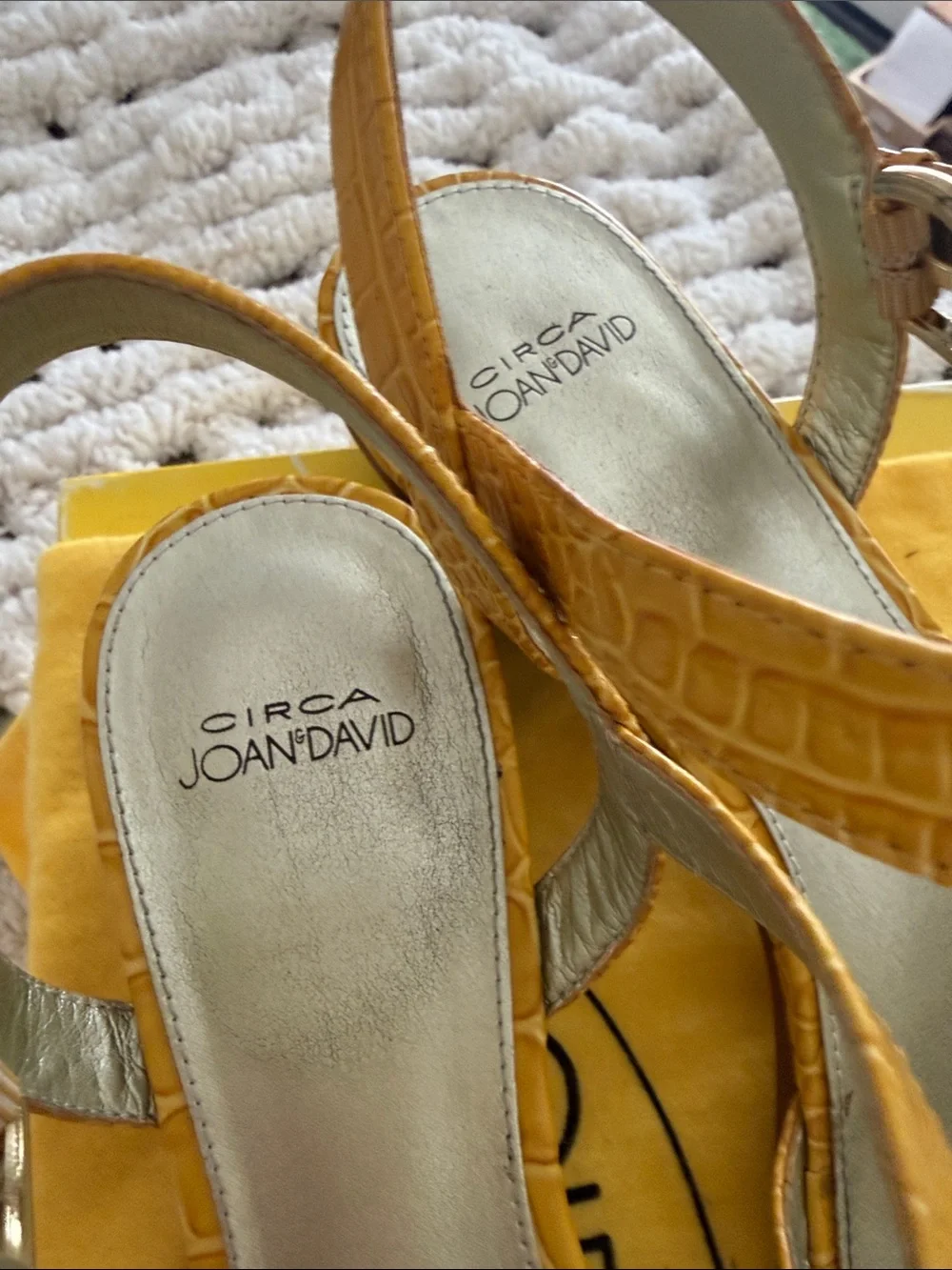 Joan & David Mustard Croc-Embossed Strappy Low Heel Sandals